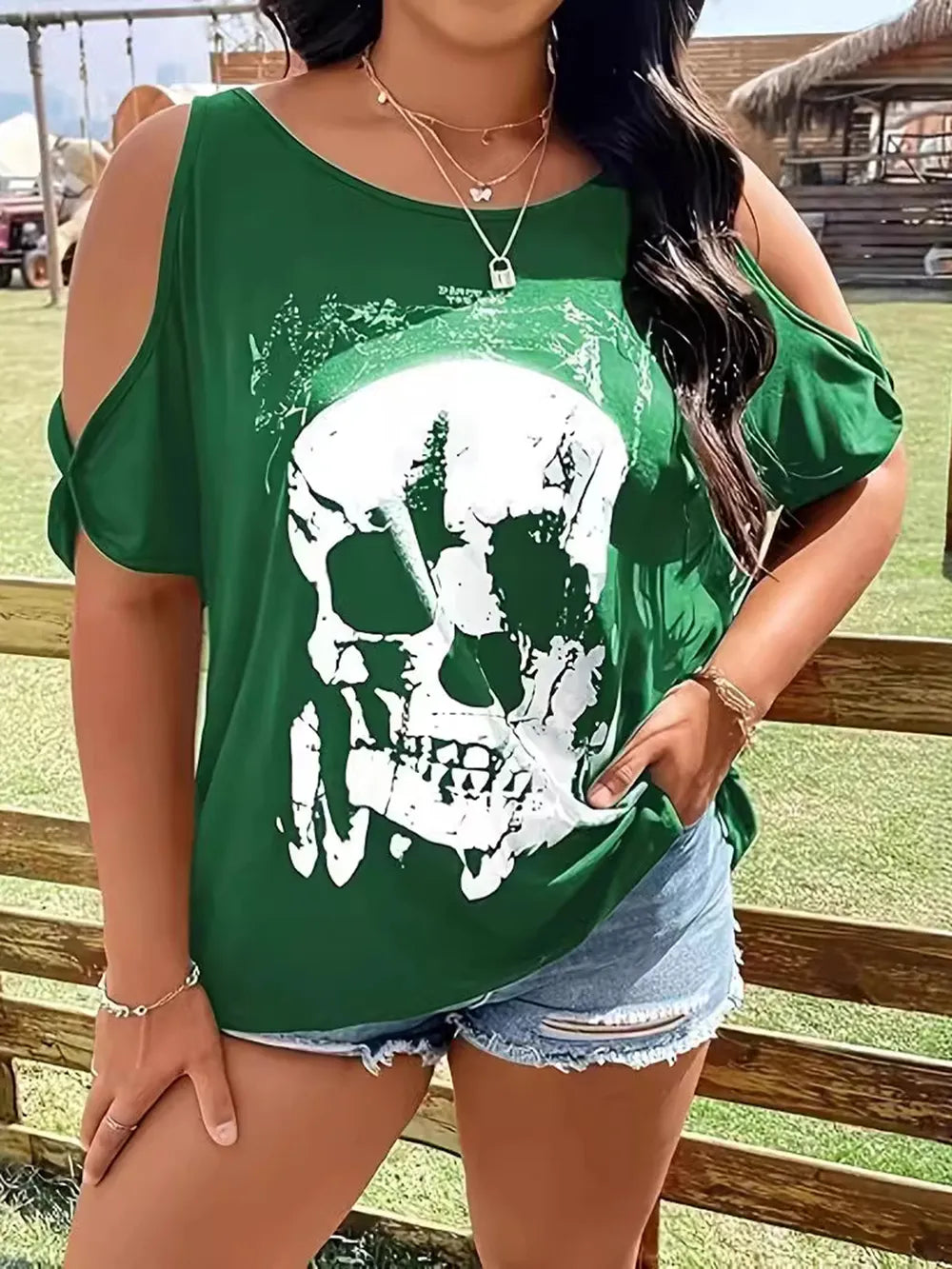 Plus Size Skeleton Graphic Round Neck Cold Shoulder T-Shirt NicholesGifts