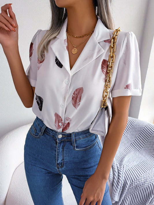 Feather Print Lapel Collar Puff Sleeve Shirt Trendsi