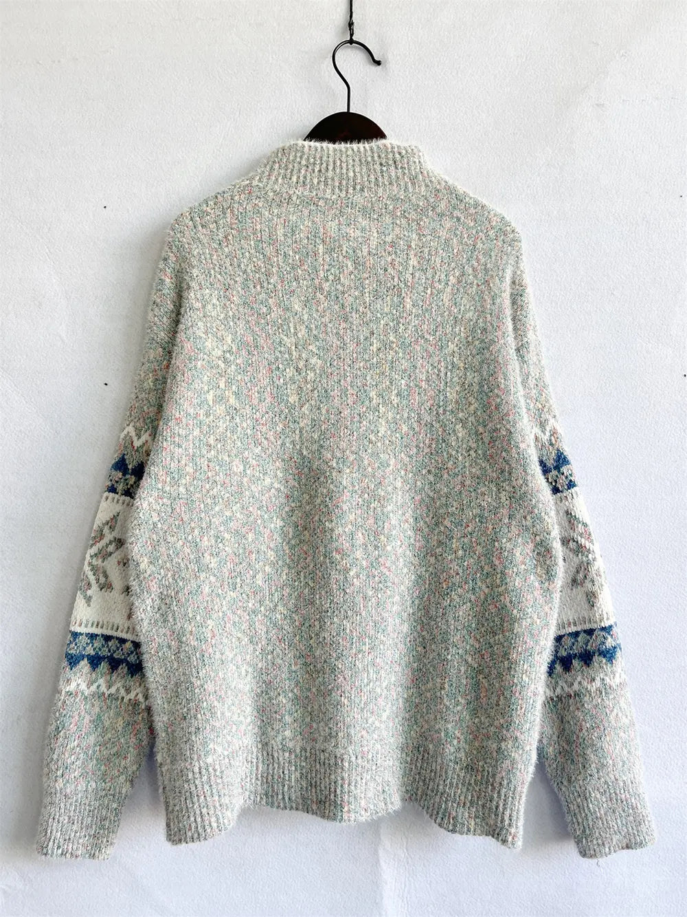 Geometric Mock Neck Dropped Shoulder Sweater Trendsi