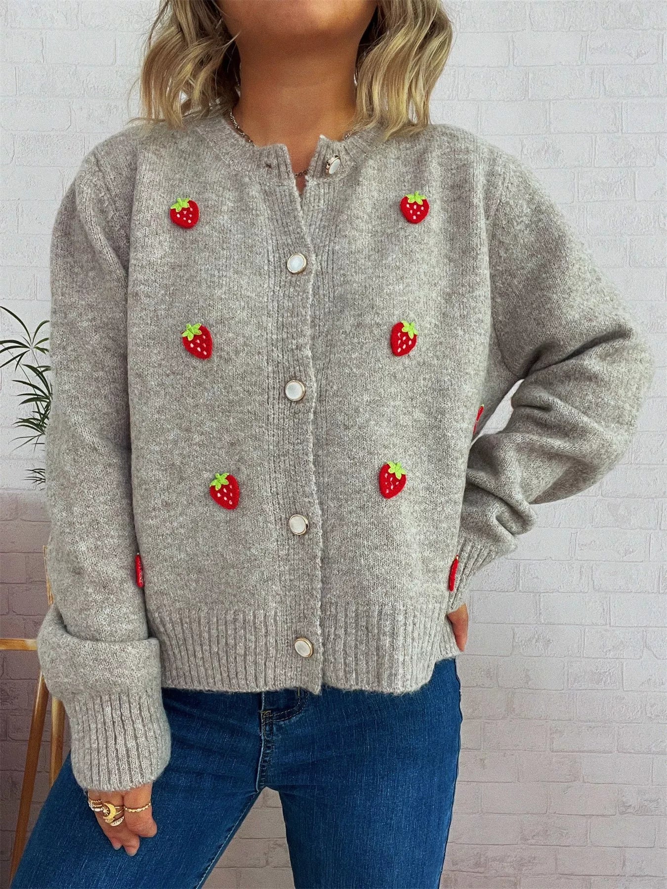 Strawberry Button Up Long Sleeve Cardigan Trendsi