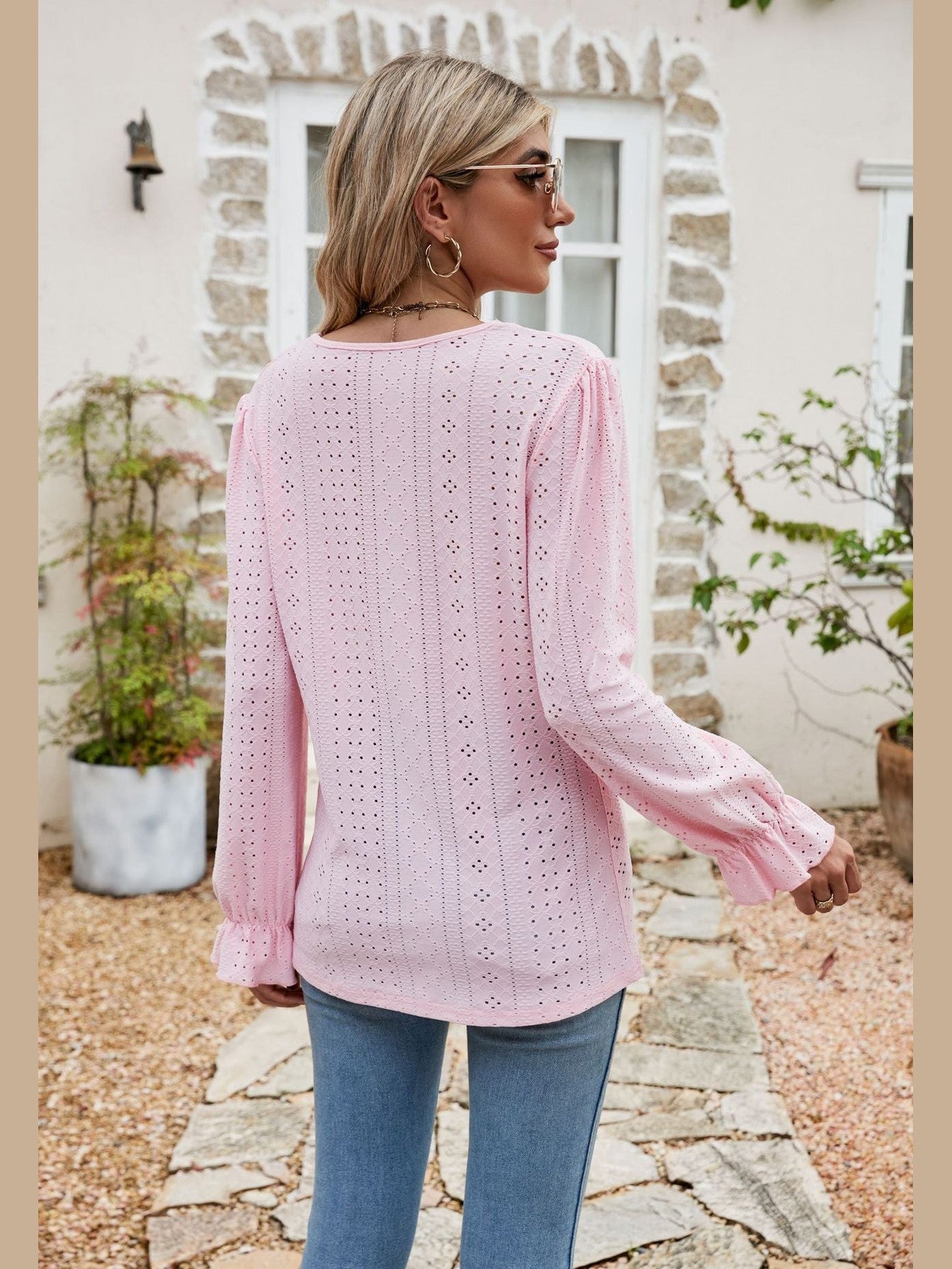 Eyelet Lace Trim Flounce Sleeve Blouse