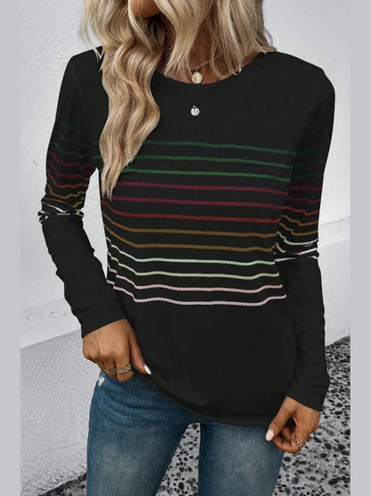 Striped Round Neck Long Sleeve T-Shirt nicholesgifts