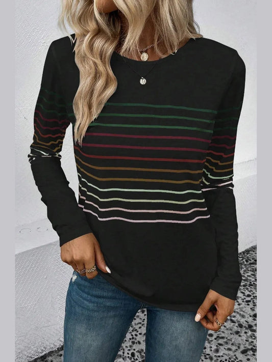 Striped Round Neck Long Sleeve T-Shirt nicholesgifts