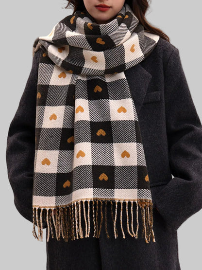 Women Heart Pattern Plaid Tassel Scarf For Valentine's Day Gift For Her nicholesgifts