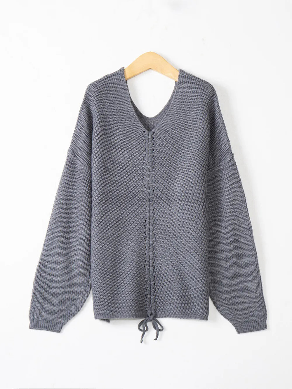 Full Size Lace Up V-Neck Long Sleeve Sweater Trendsi