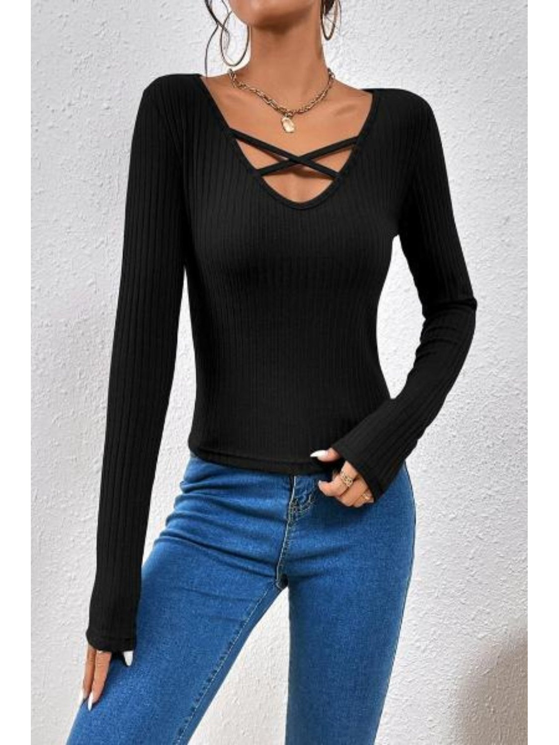 Women Ribbed Crisscross V-Neck Long Sleeve Knit Top nicholesgifts