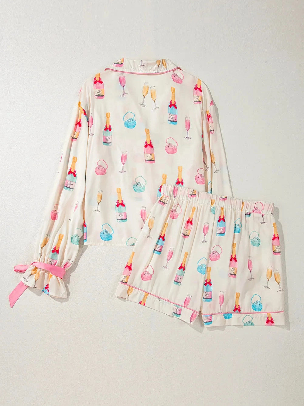 Bow Printed Collared Neck Top and Drawstring Shorts Lounge Set nicholesgifts