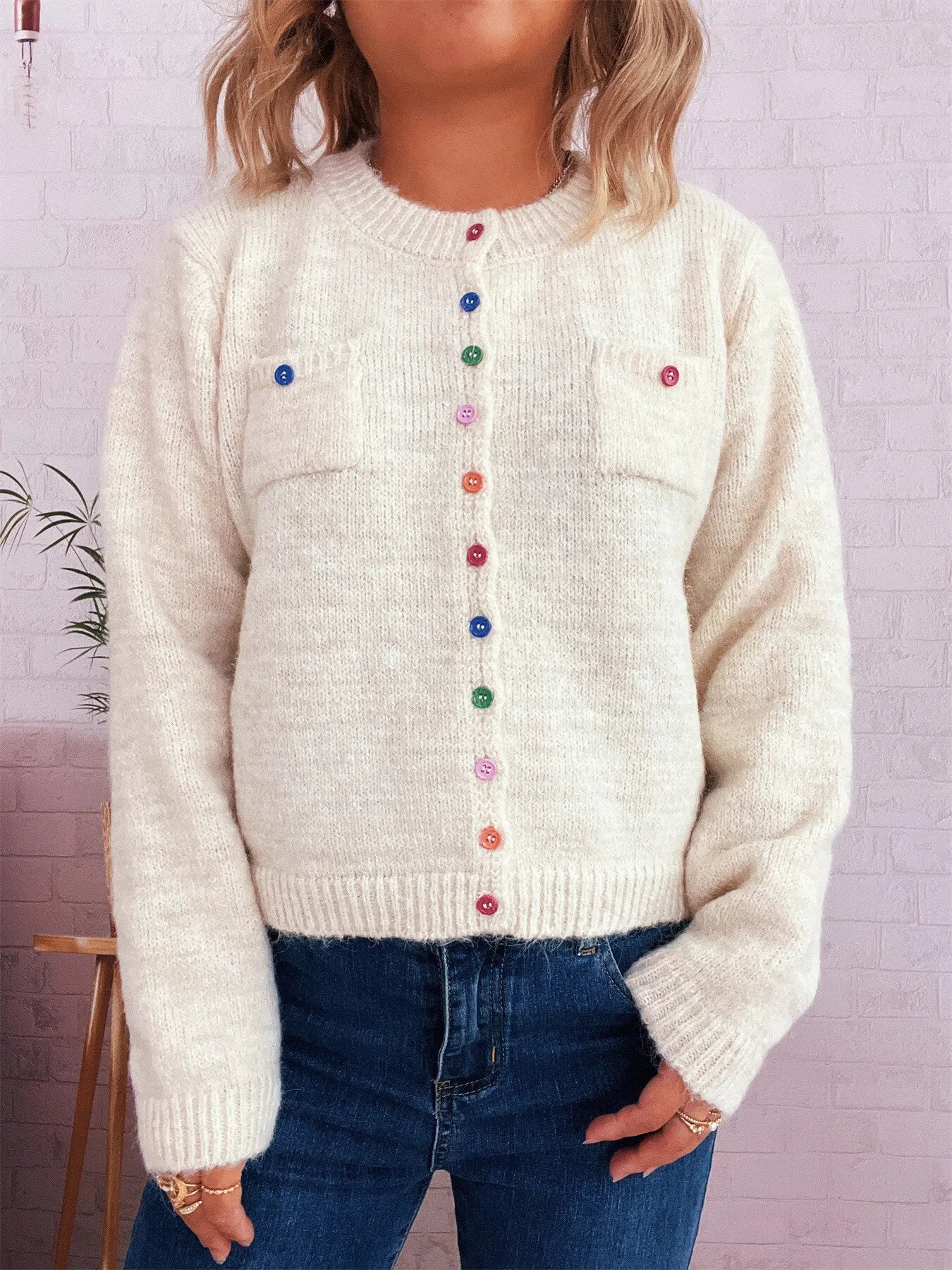 Button-Up Ribbed Hem Cardigan with Chest Pocket