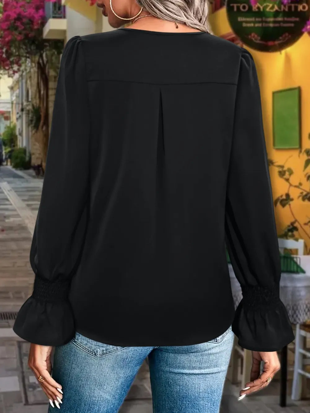 V-Neck Flounce Sleeve Blouse NicholesGifts