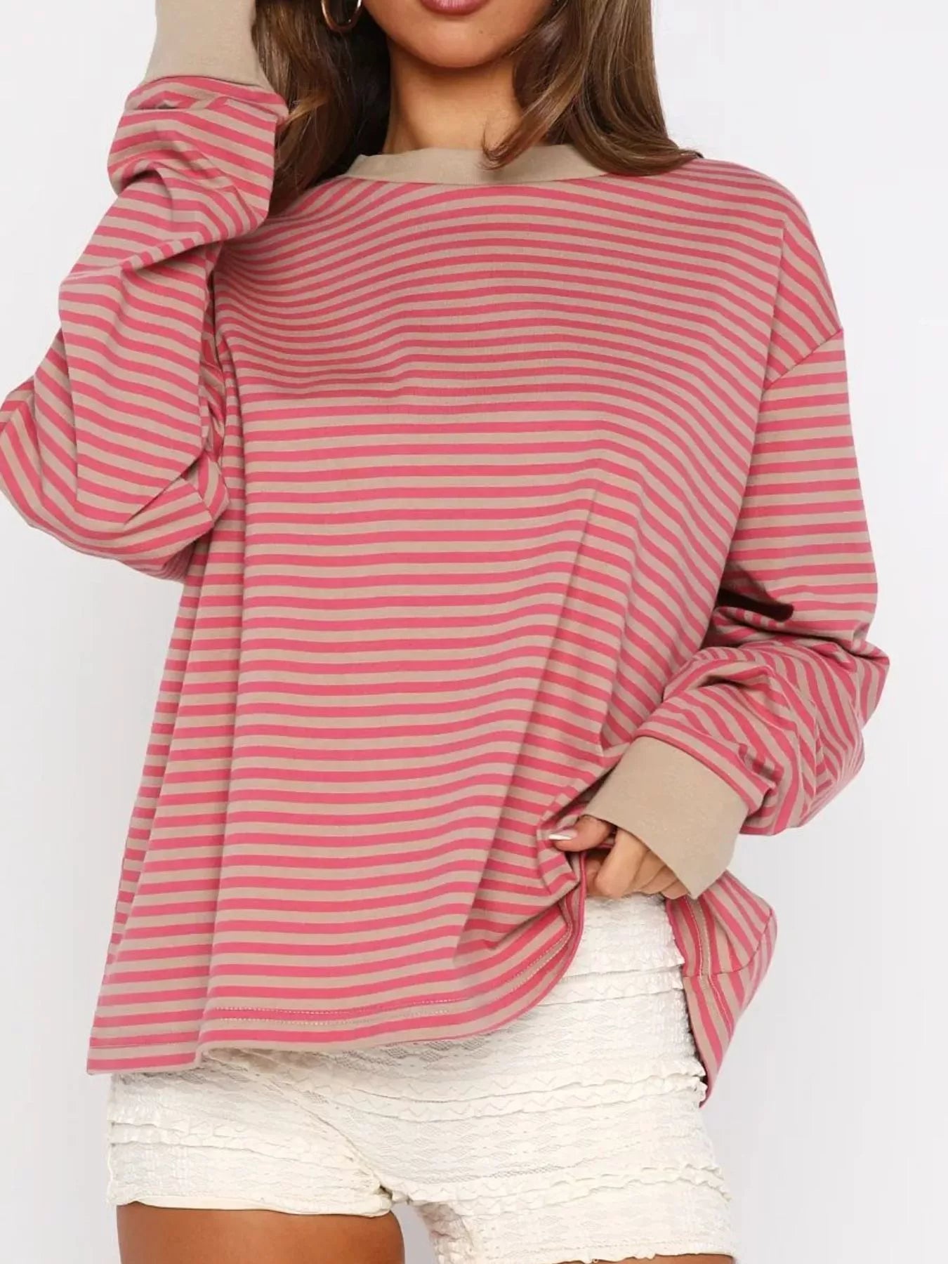 Striped Oversized Round Neck Sweatshirt nicholesgifts