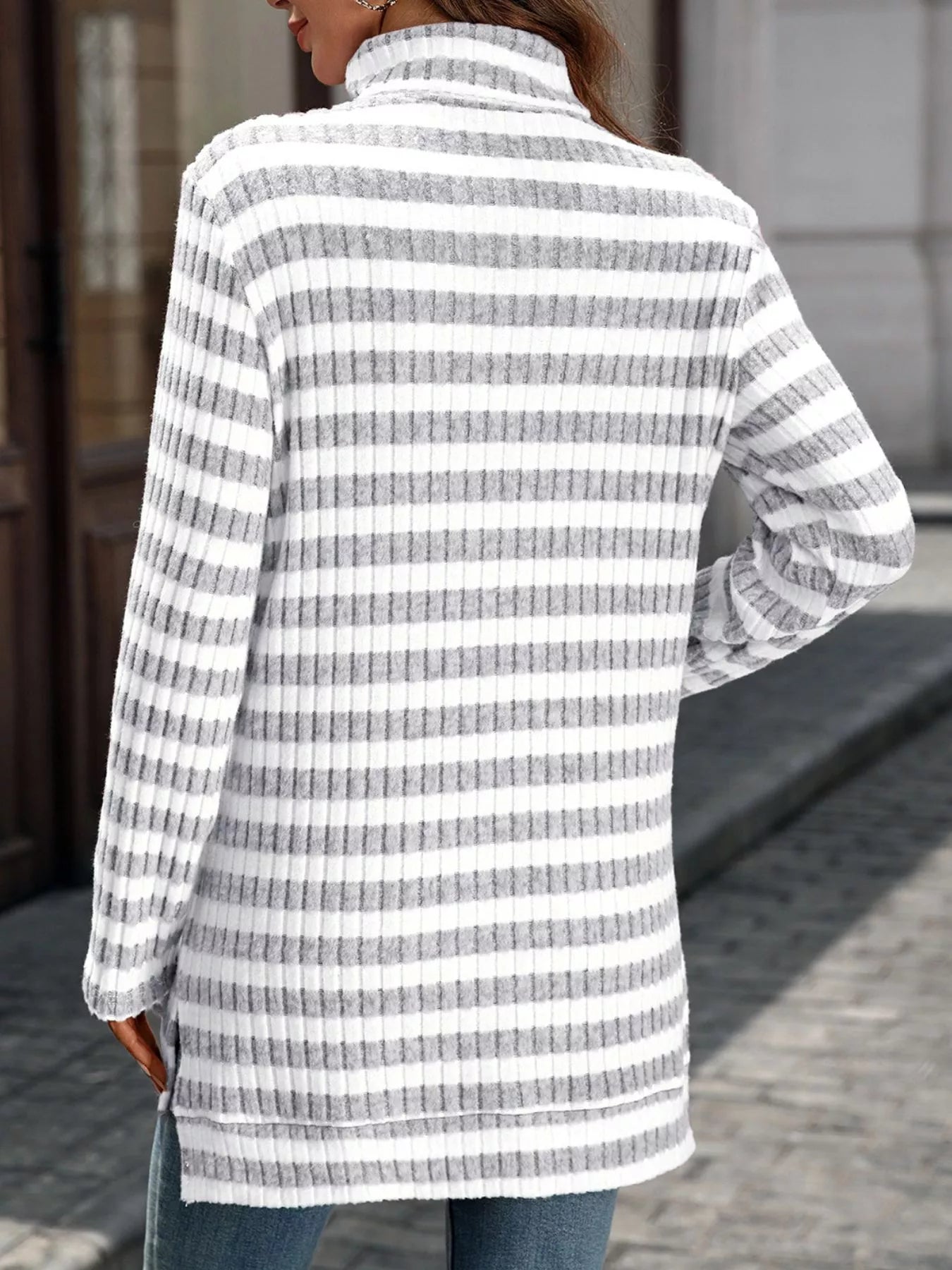 Striped Turtleneck Long Sleeve Knit Top Trendsi