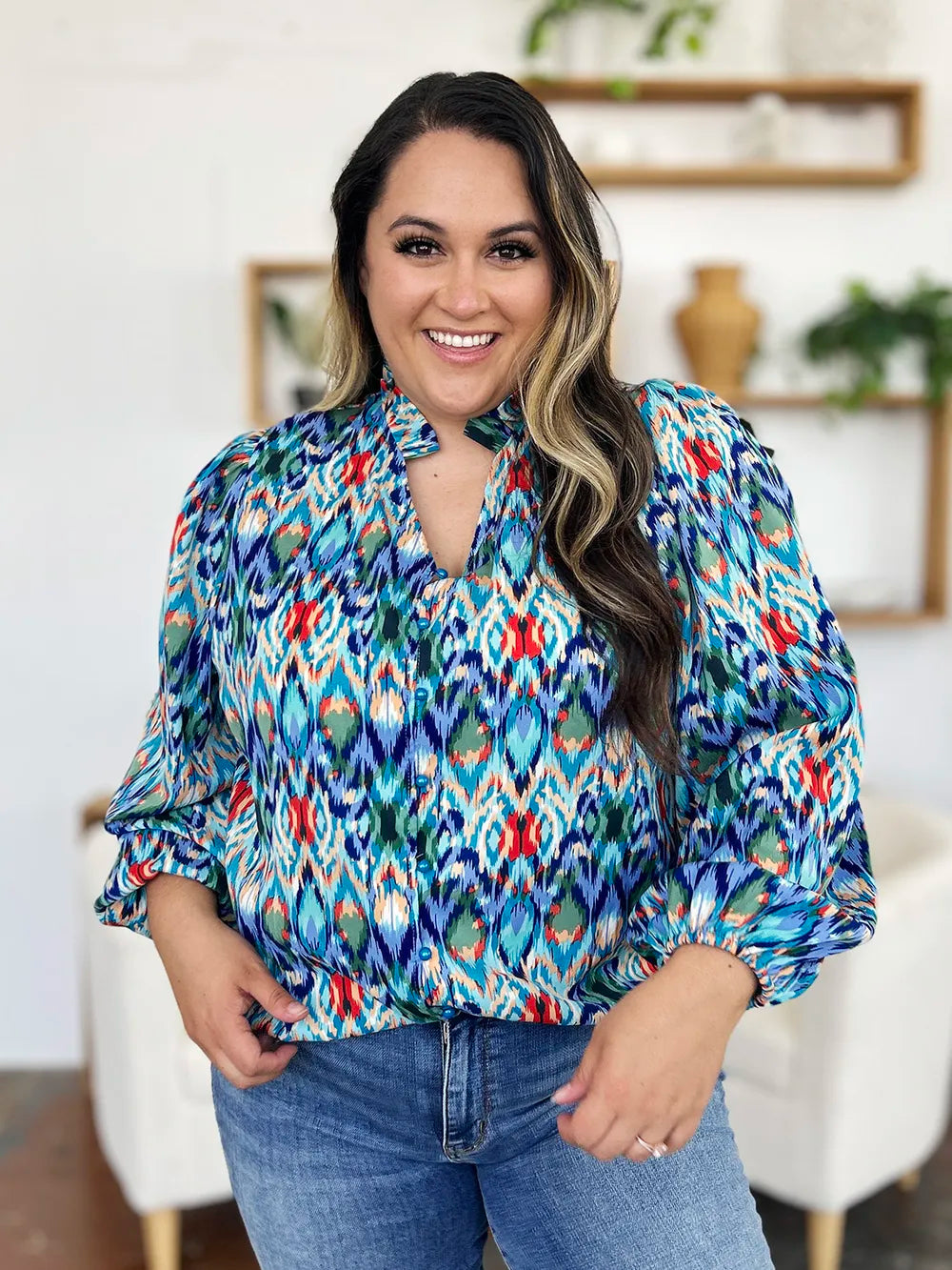 Double Take Full Size Printed Balloon Sleeve Blouse nicholesgifts