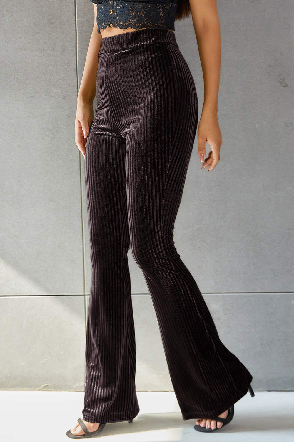 Women Ribbed High Waist Flare Pants nicholesgifts