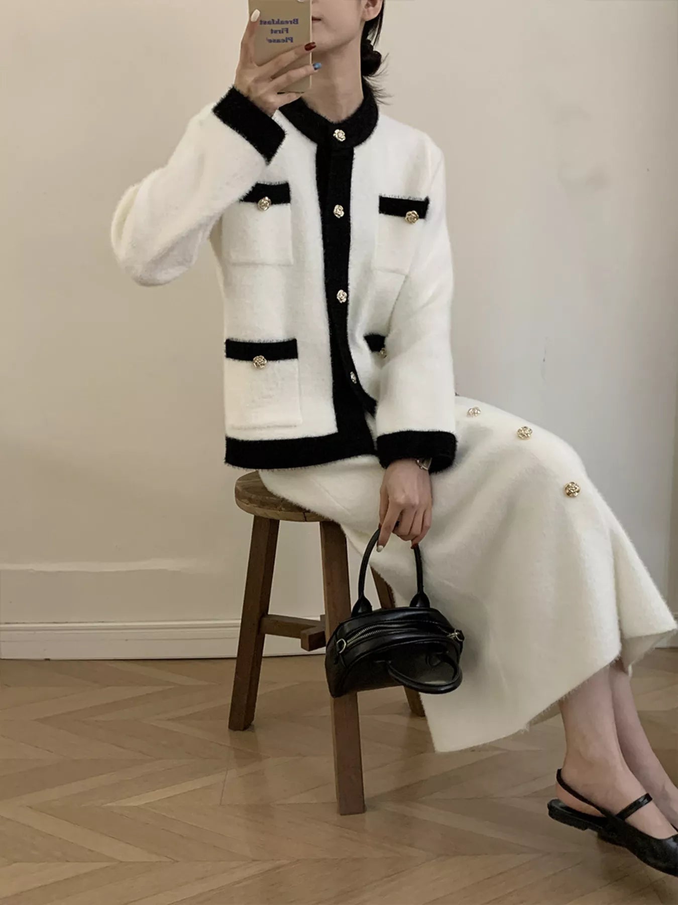 Contrast Trim Jacket and Skirts Sweater Set nicholesgifts
