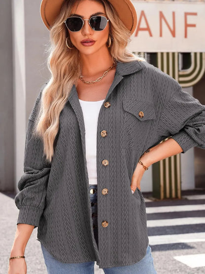 Textured Button Up Long Sleeve Shacket nicholesgifts