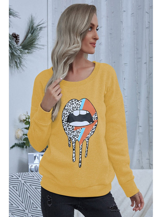 Women Shiny Lip Graphic Round Neck Sweatshirt nicholesgifts