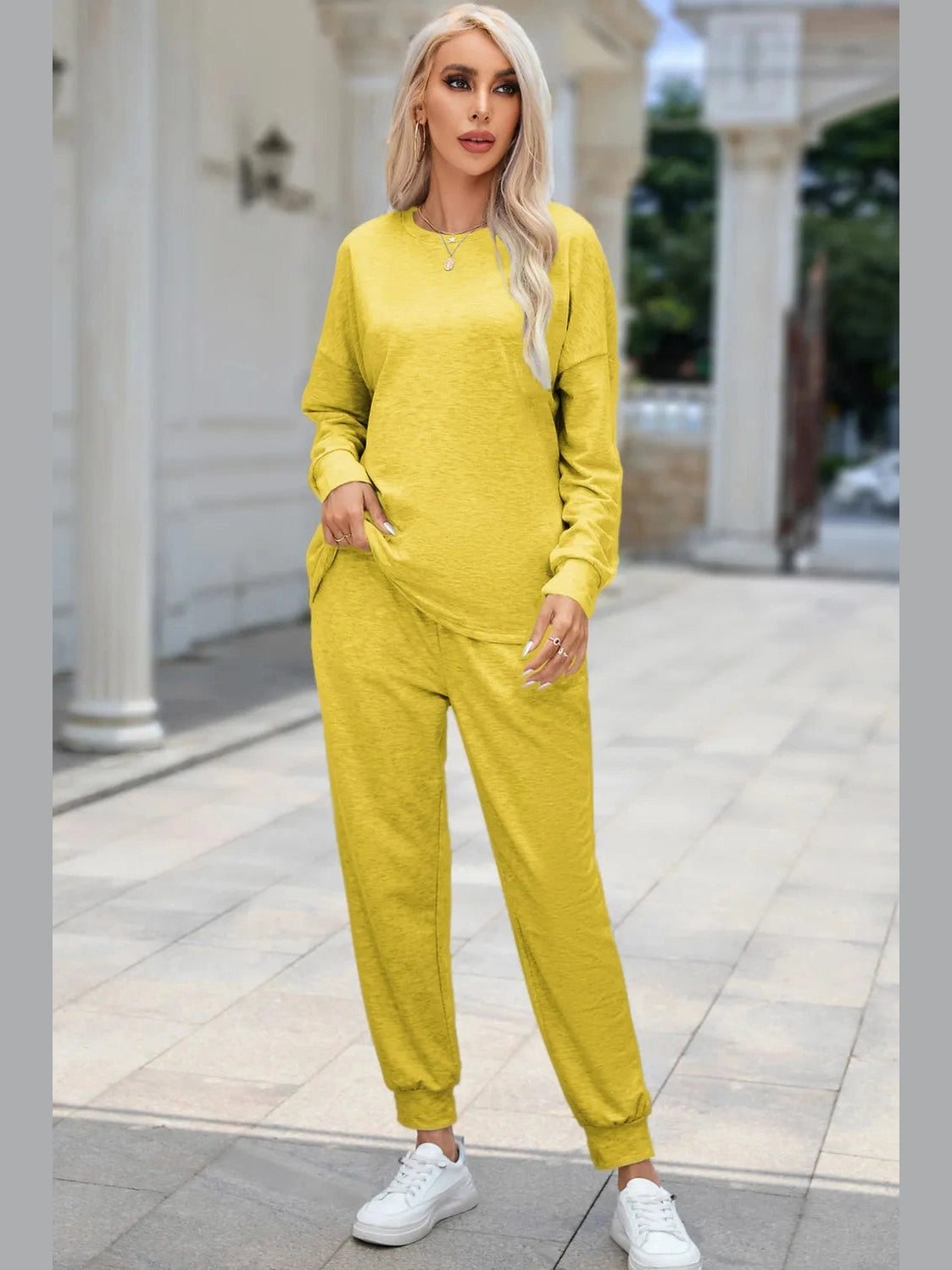 Round Neck Top and Drawstring Pants Lounge Set nicholesgifts