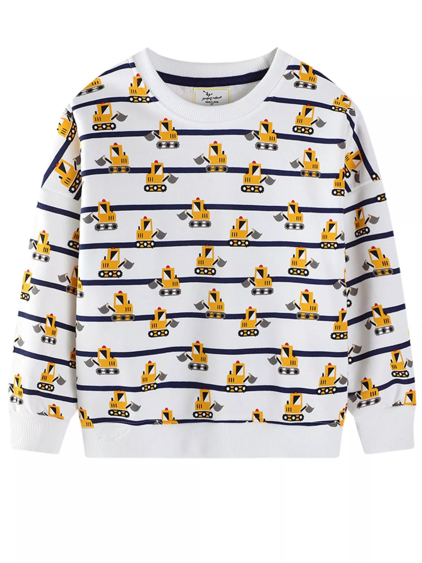 Children's Excavator Print Striped Crew Neck Sweatshirt Trendsi