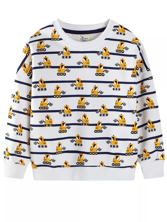 Children's Excavator Print Striped Crew Neck Sweatshirt Trendsi