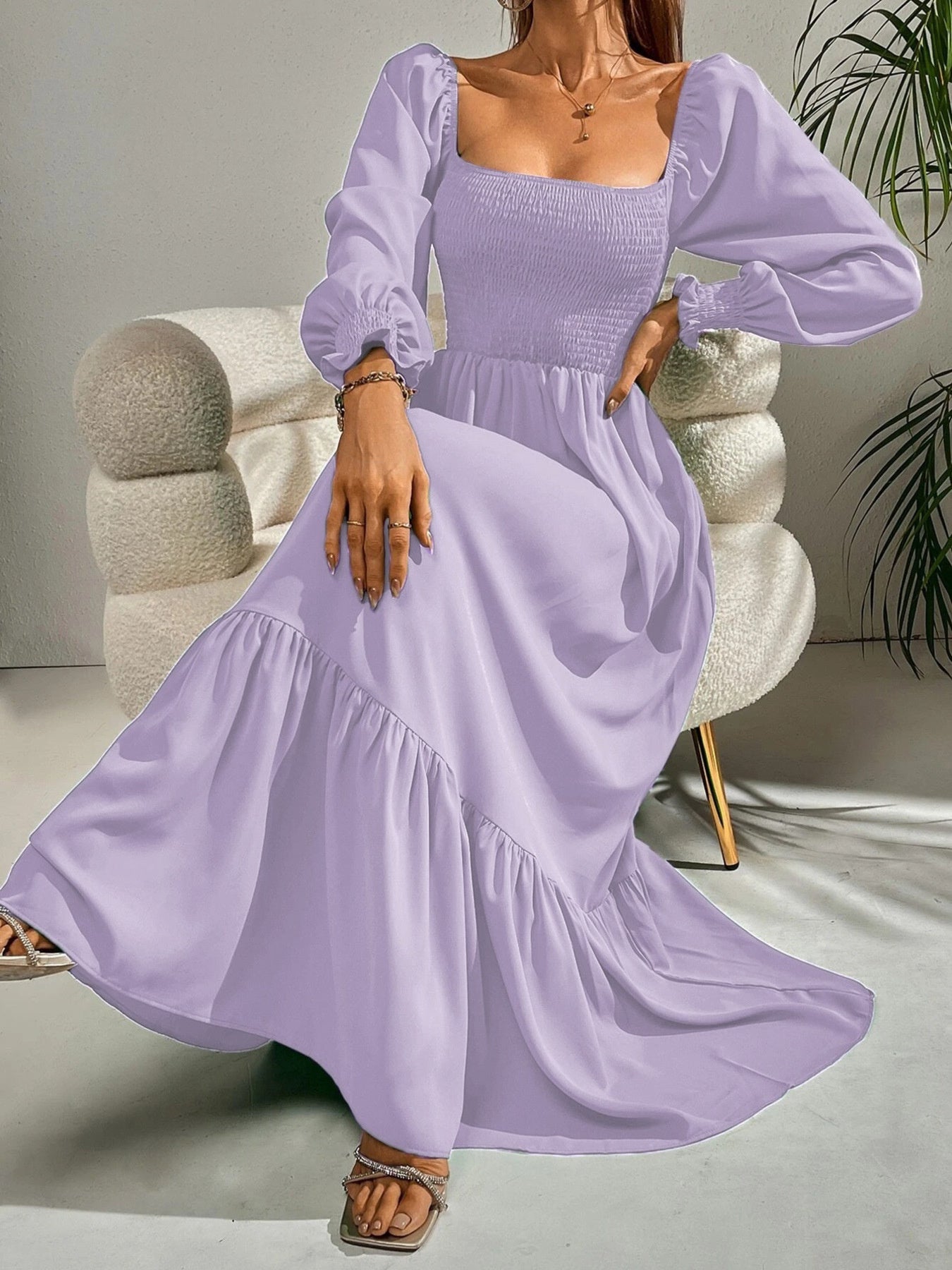 Smocked Long Sleeve Midi Dress nicholesgifts