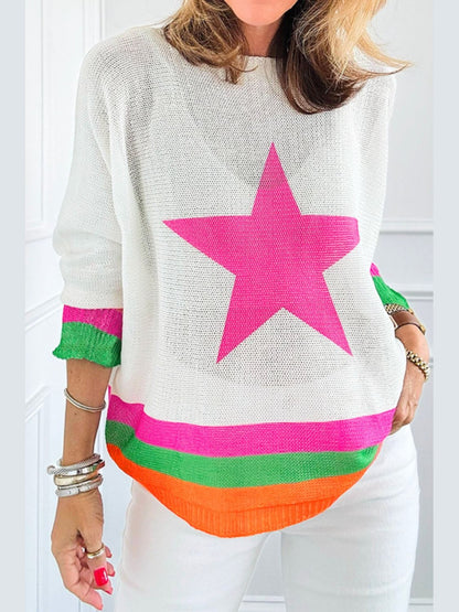 Star Contrast Round Neck Long Sleeve Knit Top nicholesgifts