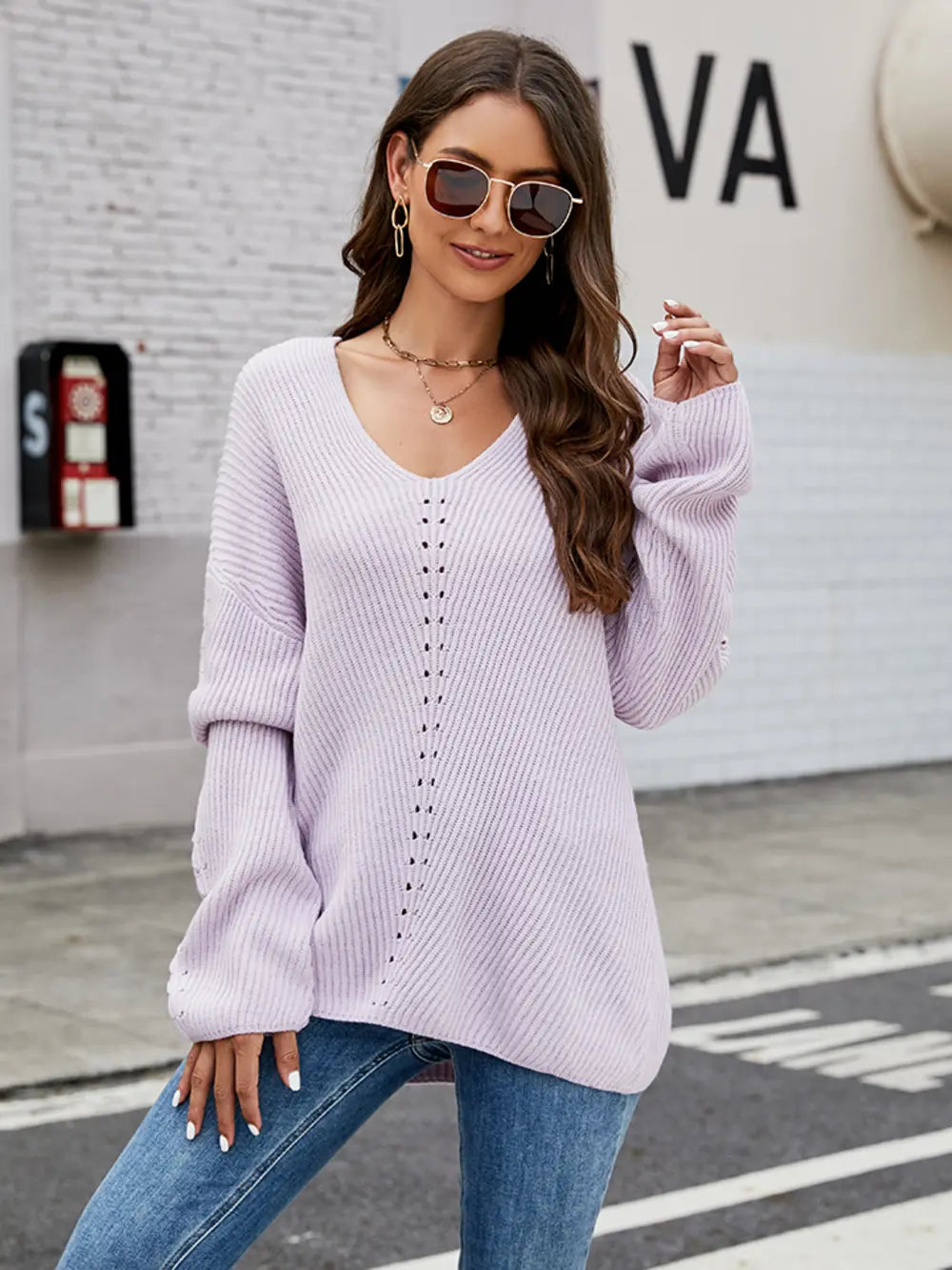 Openwork Dropped Shoulder Long Sleeve Sweater nicholesgifts