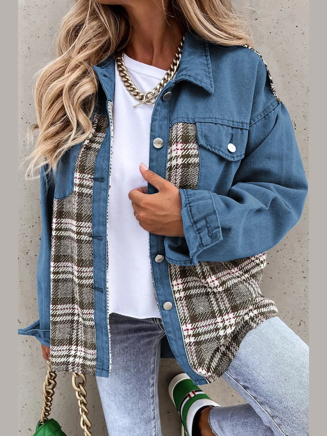 Plaid Pocketed Button Up Denim Jacket nicholesgifts