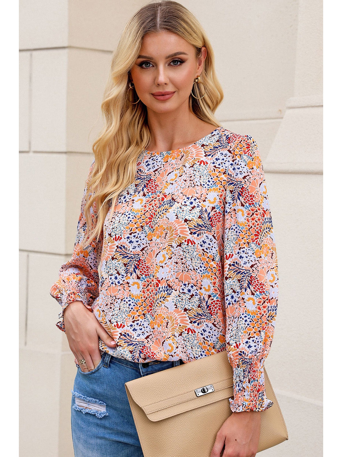 Women Floral Print Long Puff Sleeve Blouse nicholesgifts