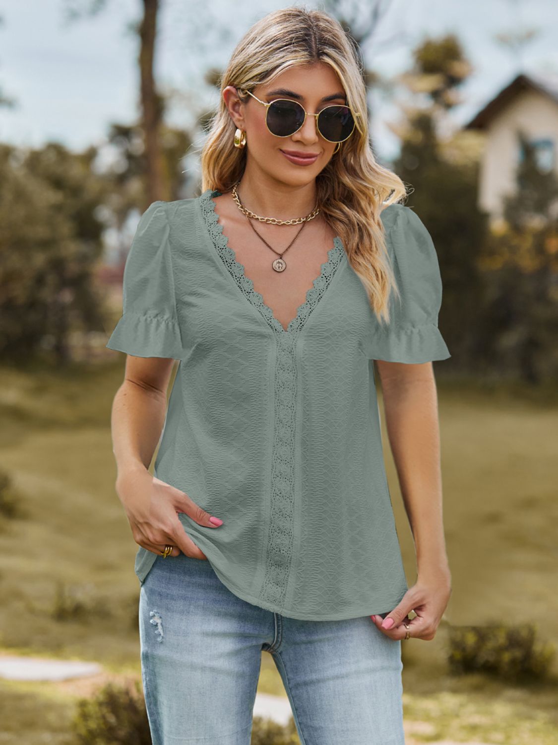 Lace Detail V-Neck Flounce Sleeve Blouse nicholesgifts