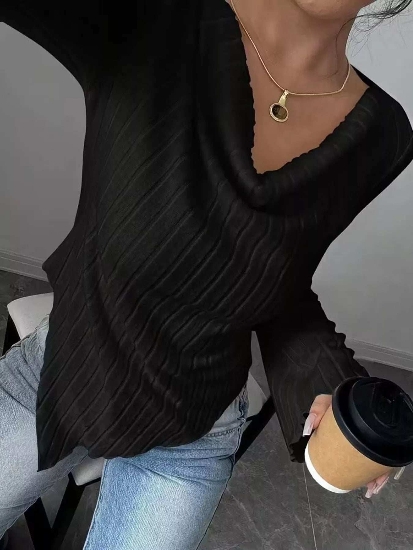 Cowl Neck Ribbed Knit T-Shirt nicholesgifts