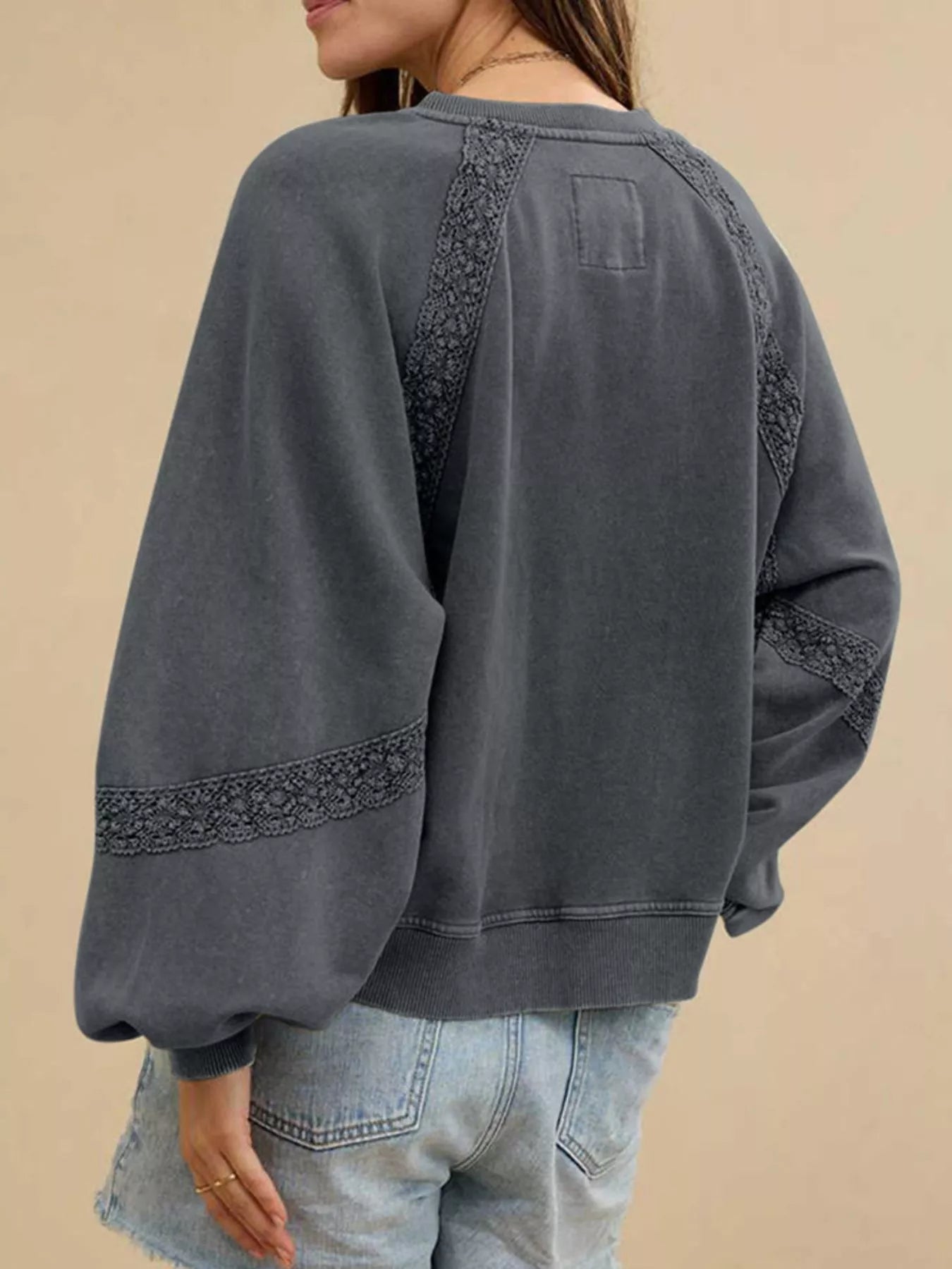 Lace Detail Notched Long Sleeve Sweatshirt Trendsi
