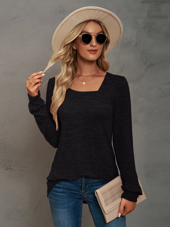 Women Heathered Square Neck Long Sleeve T-Shirt nicholesgifts