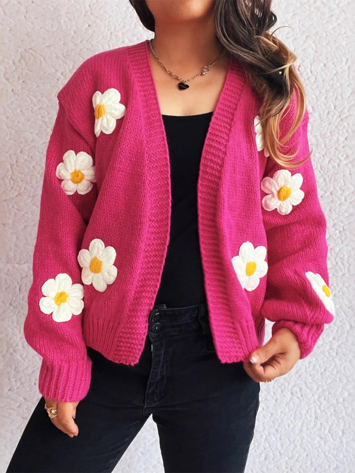 Flower Open Front Long Sleeve Cardigan