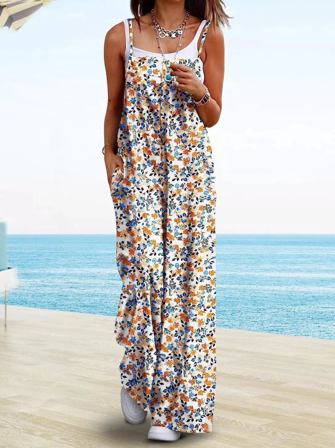 Full Size Floral Print Wide Leg Casual Jumpsuit Plus Size nicholesgifts