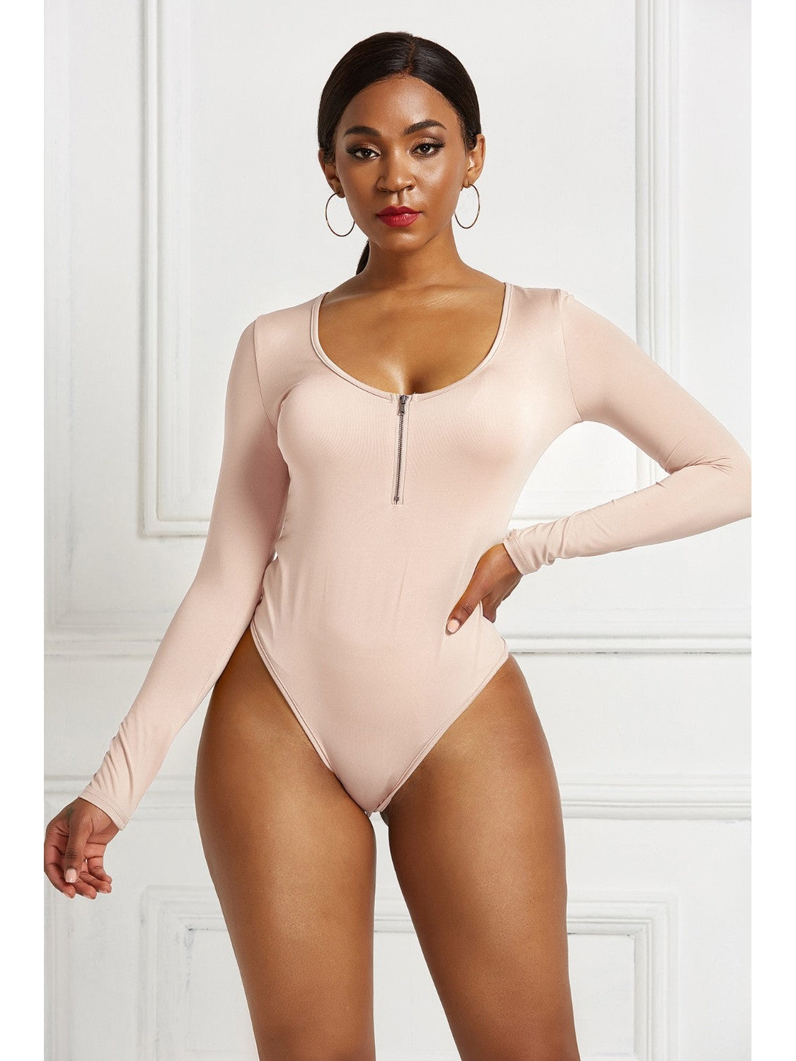 Women Half Zip Scoop Neck Long Sleeve Bodysuit nicholesgifts