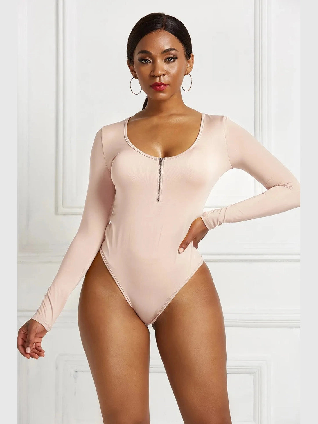 Half Zip Scoop Neck Long Sleeve Bodysuit nicholesgifts