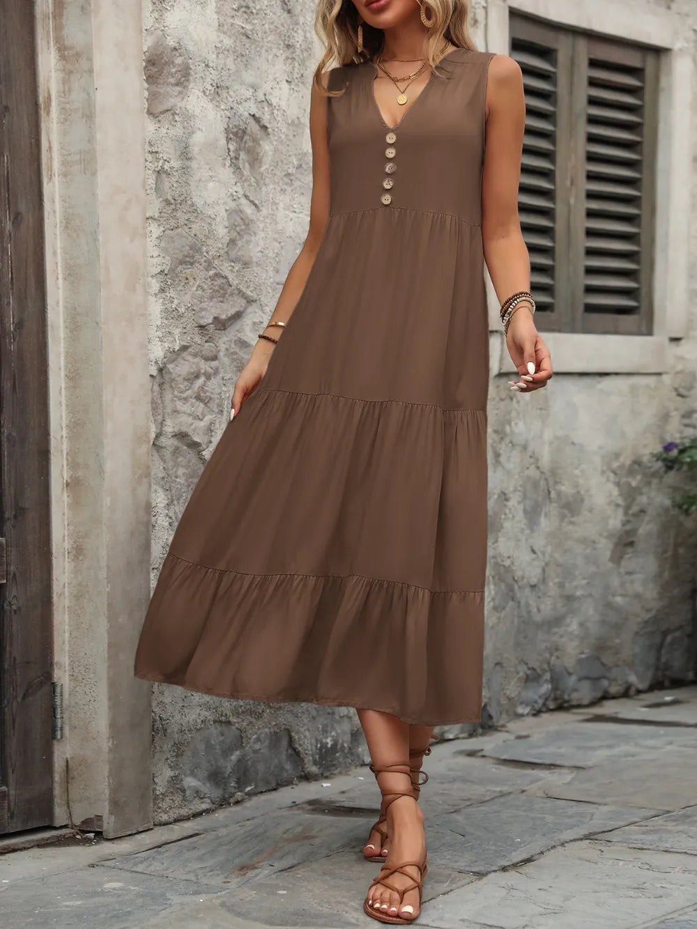 Ivy Lane Decorative Button Notched Sleeveless Dress Trendsi