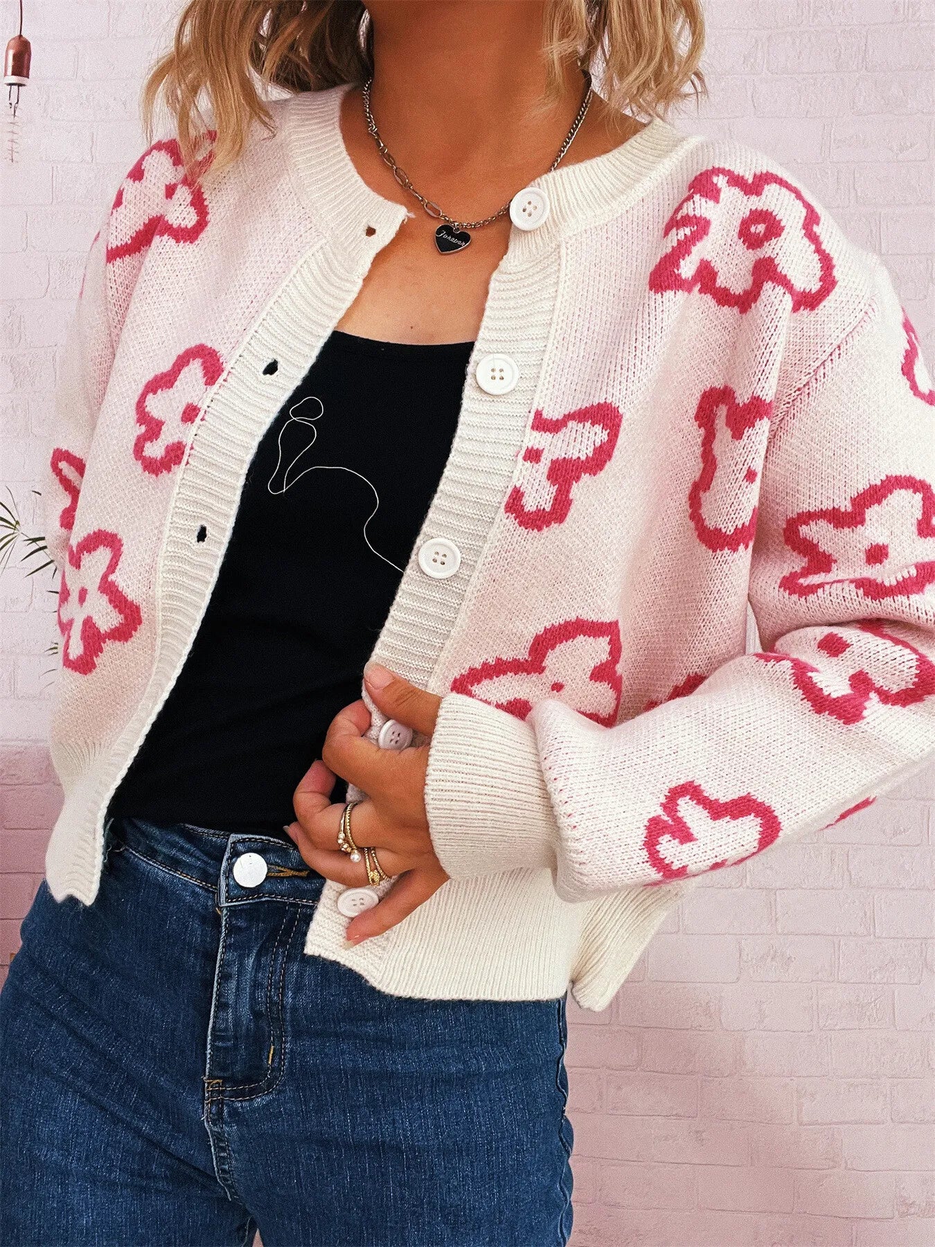 Floral Pattern Button-Up Cardigan