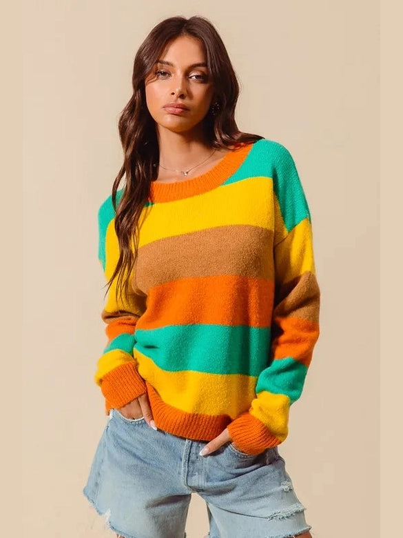 SO ME Multi Color Stripe Sweater with Ribbed Detail Trendsi