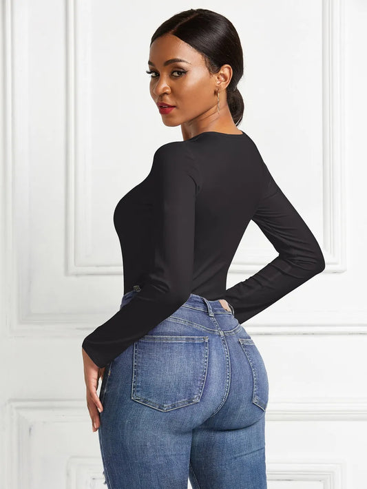 Round Neck Long Sleeve Bodysuit nicholesgifts