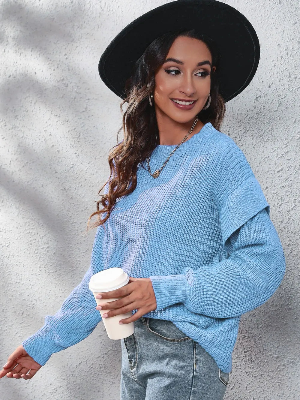Ruffled Round Neck Dropped Shoulder Sweater Trendsi