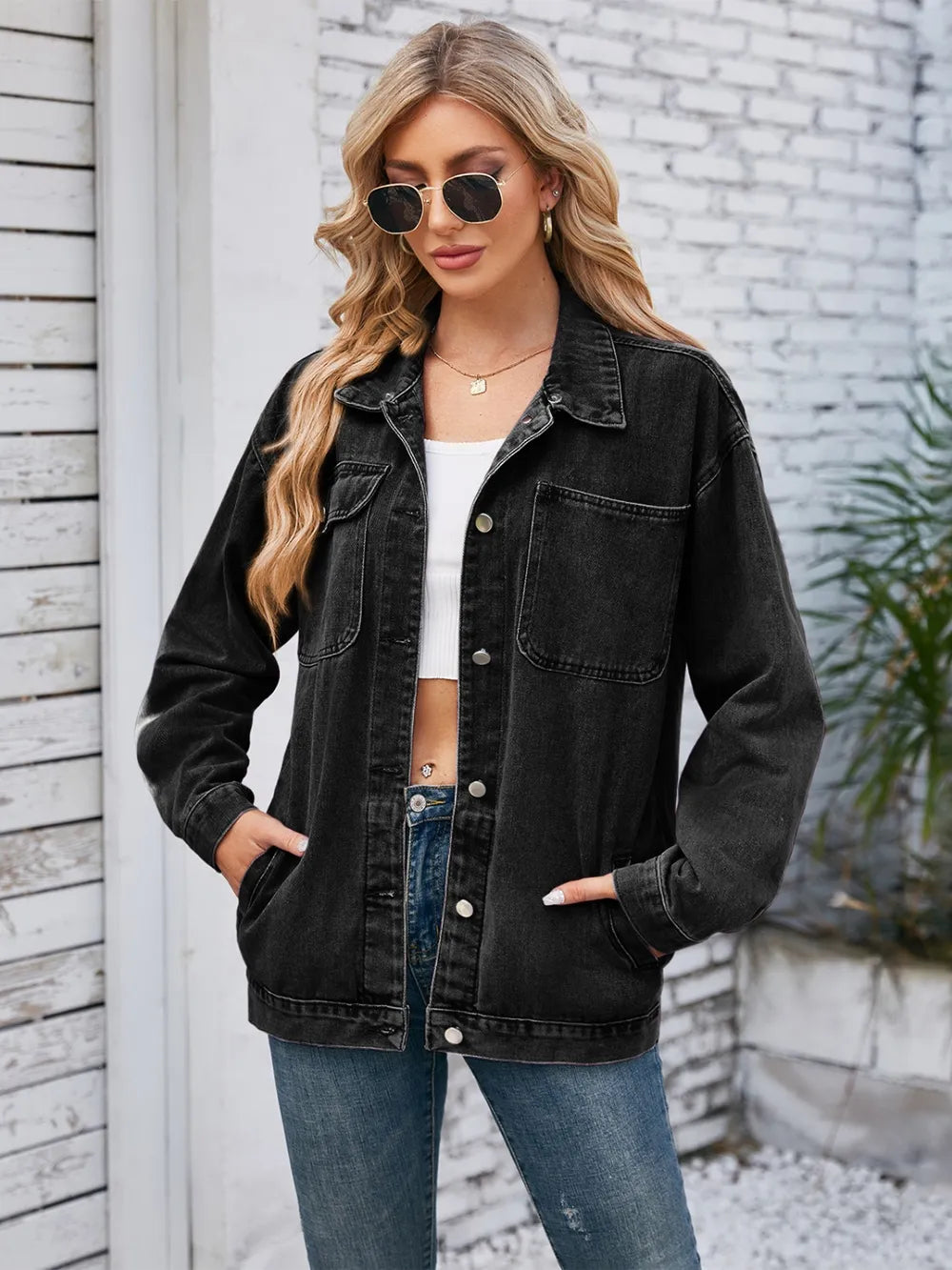 Pocketd Button Up Detachable Hooded Denim Jacket nicholesgifts
