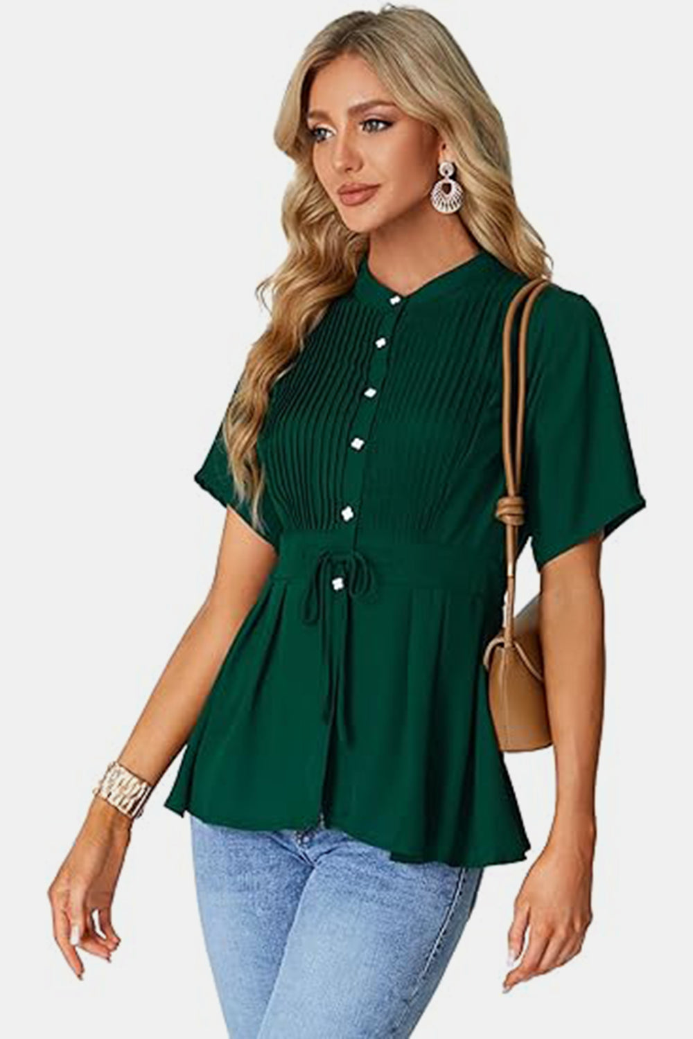 Tied Round Neck Short Sleeve Blouse nicholesgifts