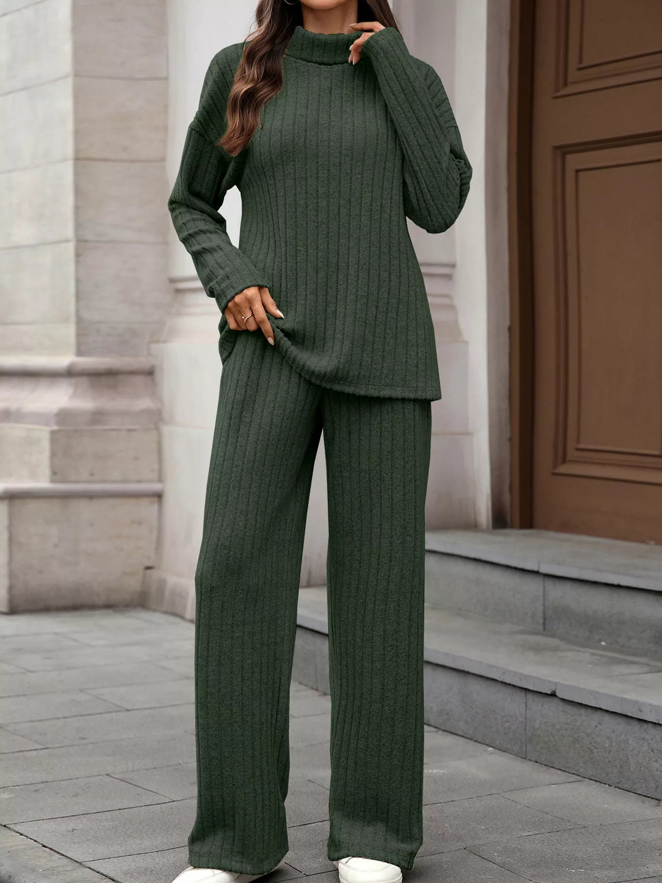 Ribbed Turtleneck Dropped Shoulder Top and Pants Sweater Set Trendsi