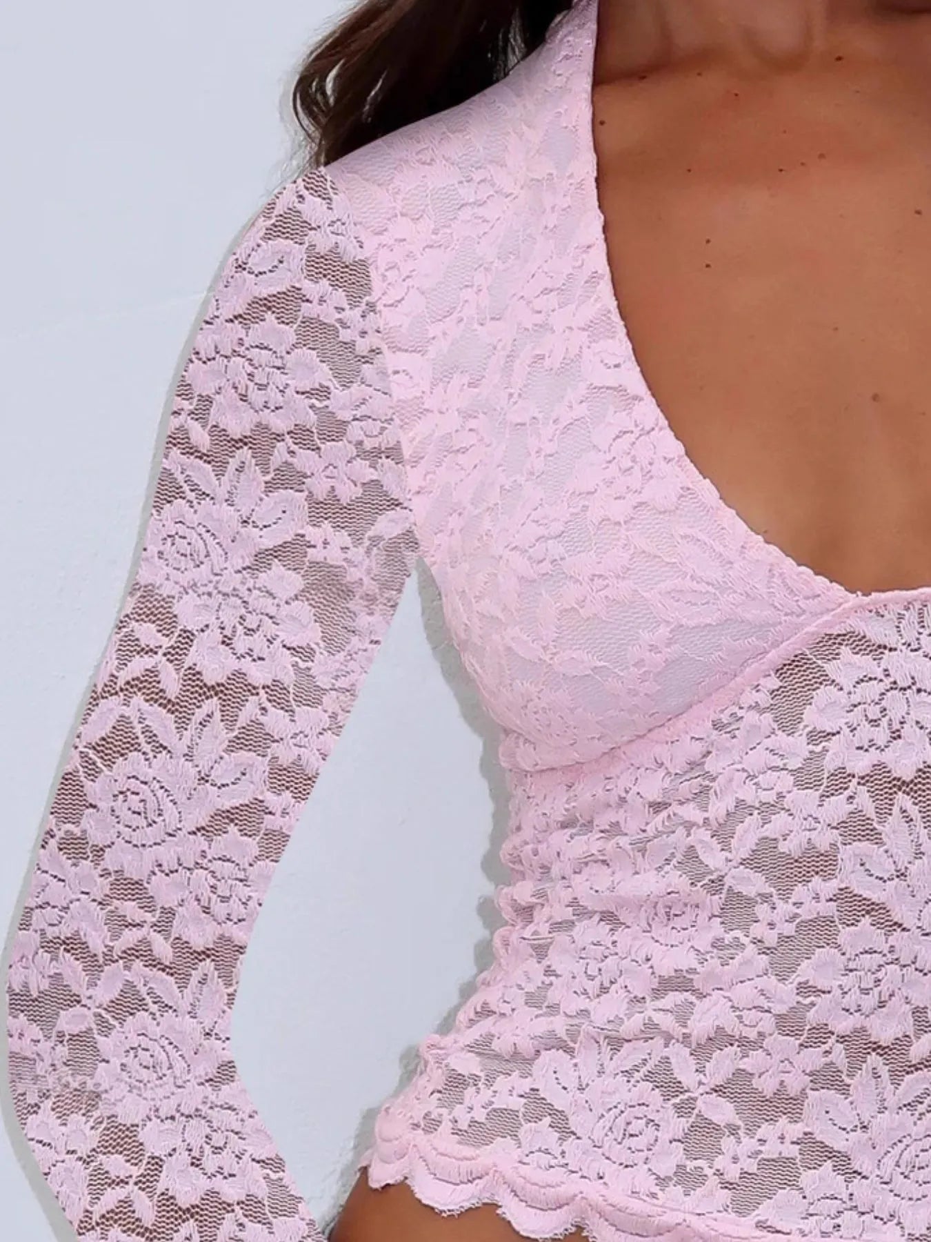 Floral Lace Long Sleeve Deep V-Neck Blouse with Scalloped Hem
