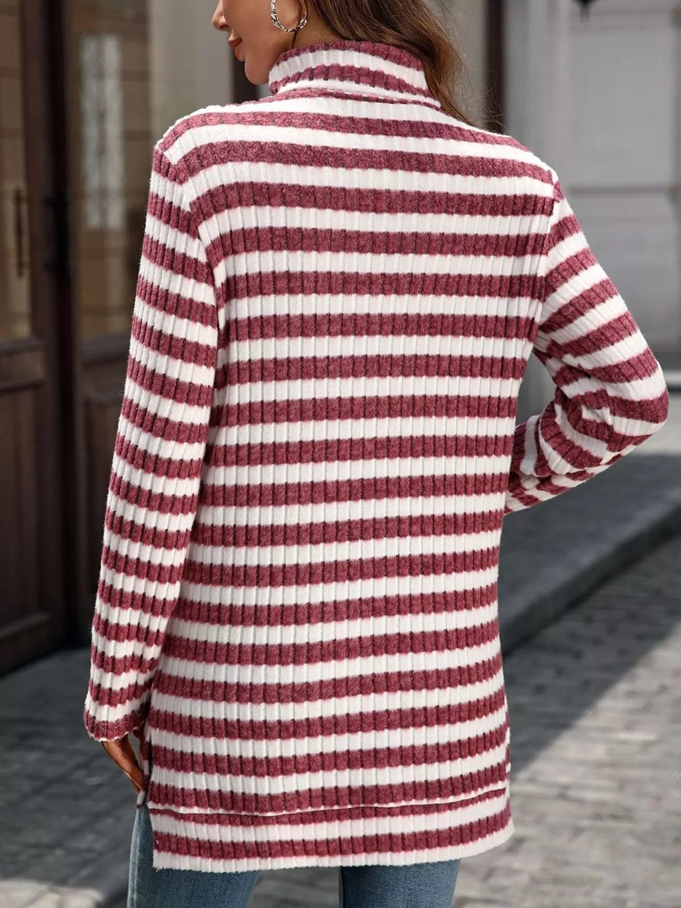 Striped Turtleneck Long Sleeve Knit Top Trendsi