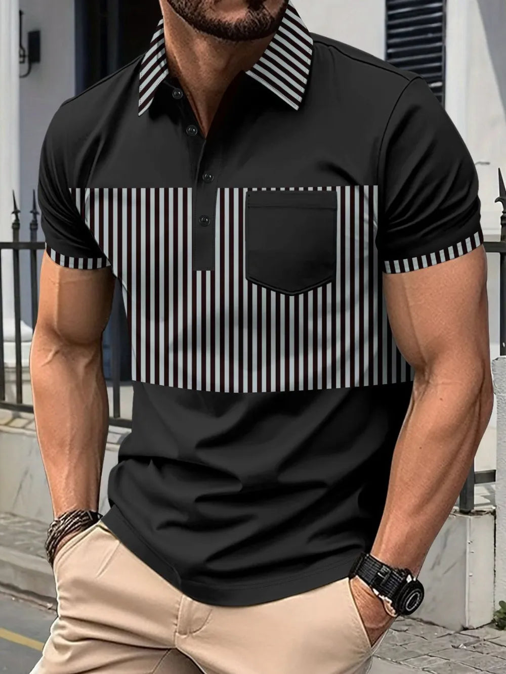 Men's Full Size Collared Contrast Striped Polo Plus Size NicholesGifts