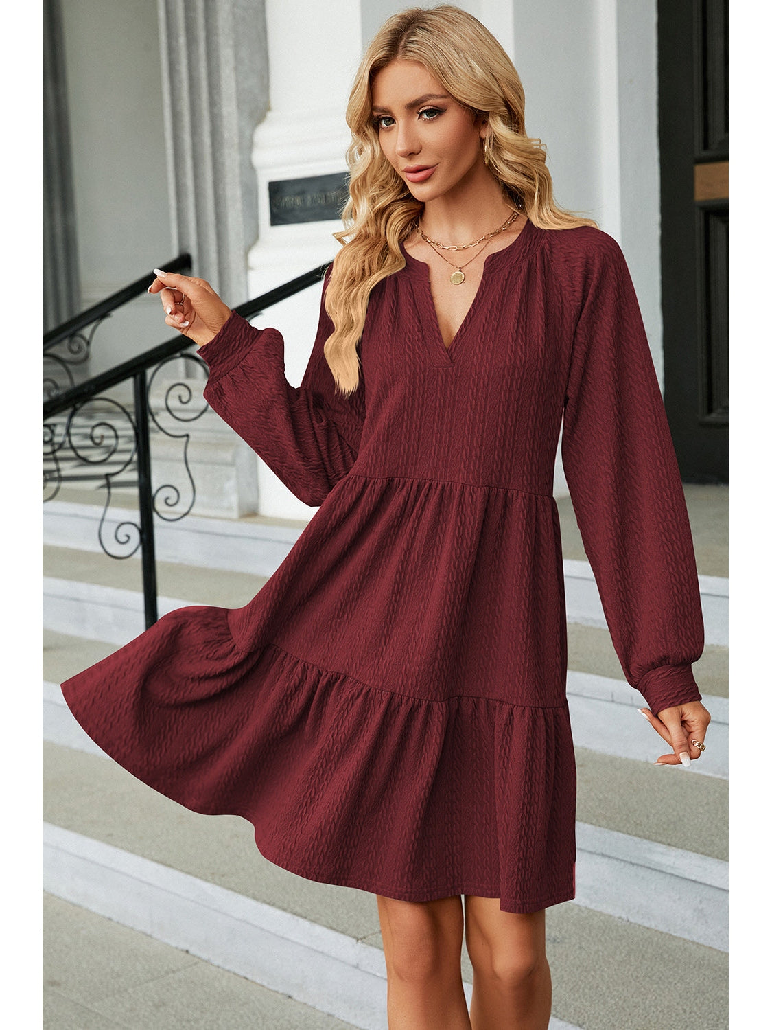 Ruched Notched Long Sleeve Mini Dress nicholesgifts