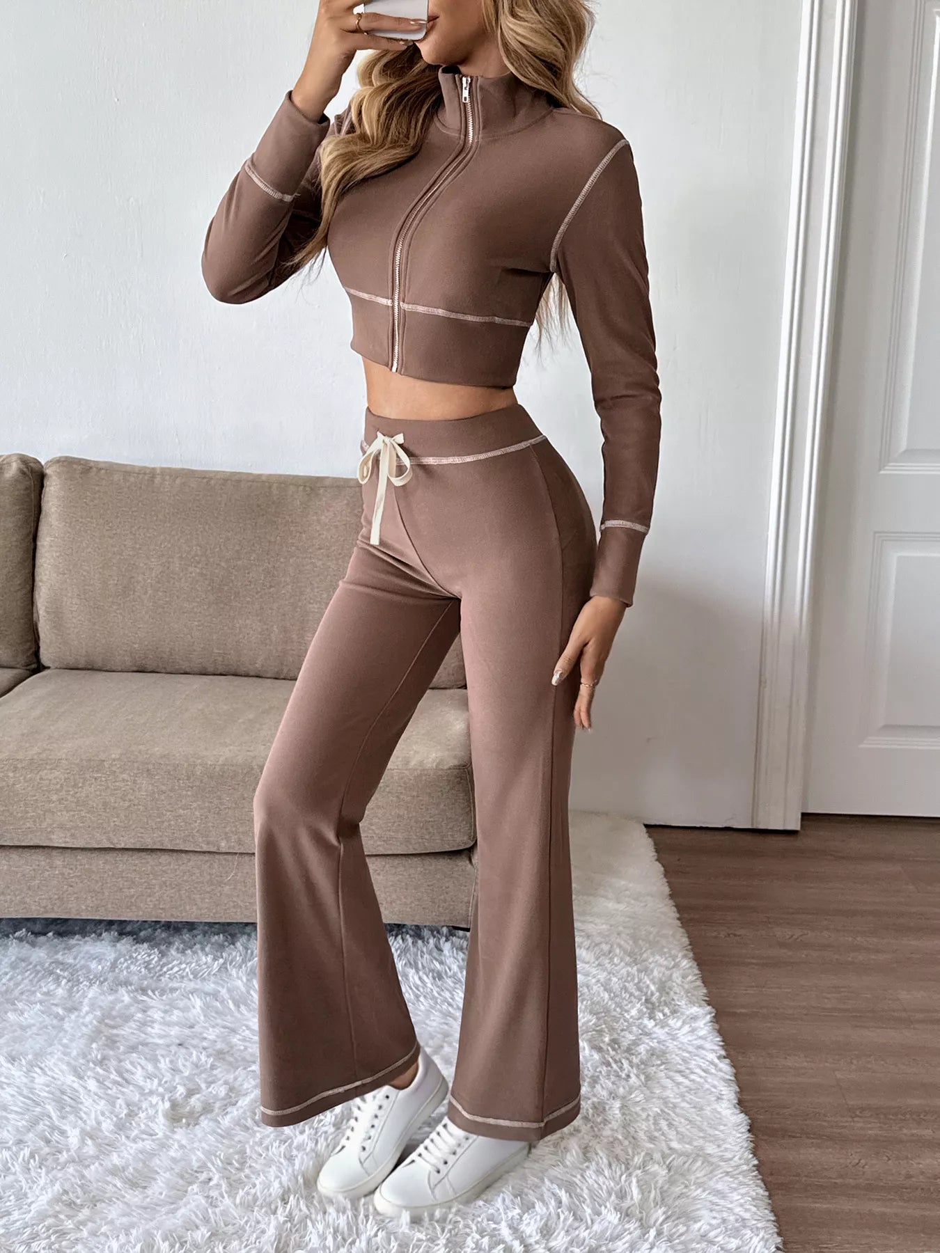 Zip Up Long Sleeve Top and Pants Set Trendsi