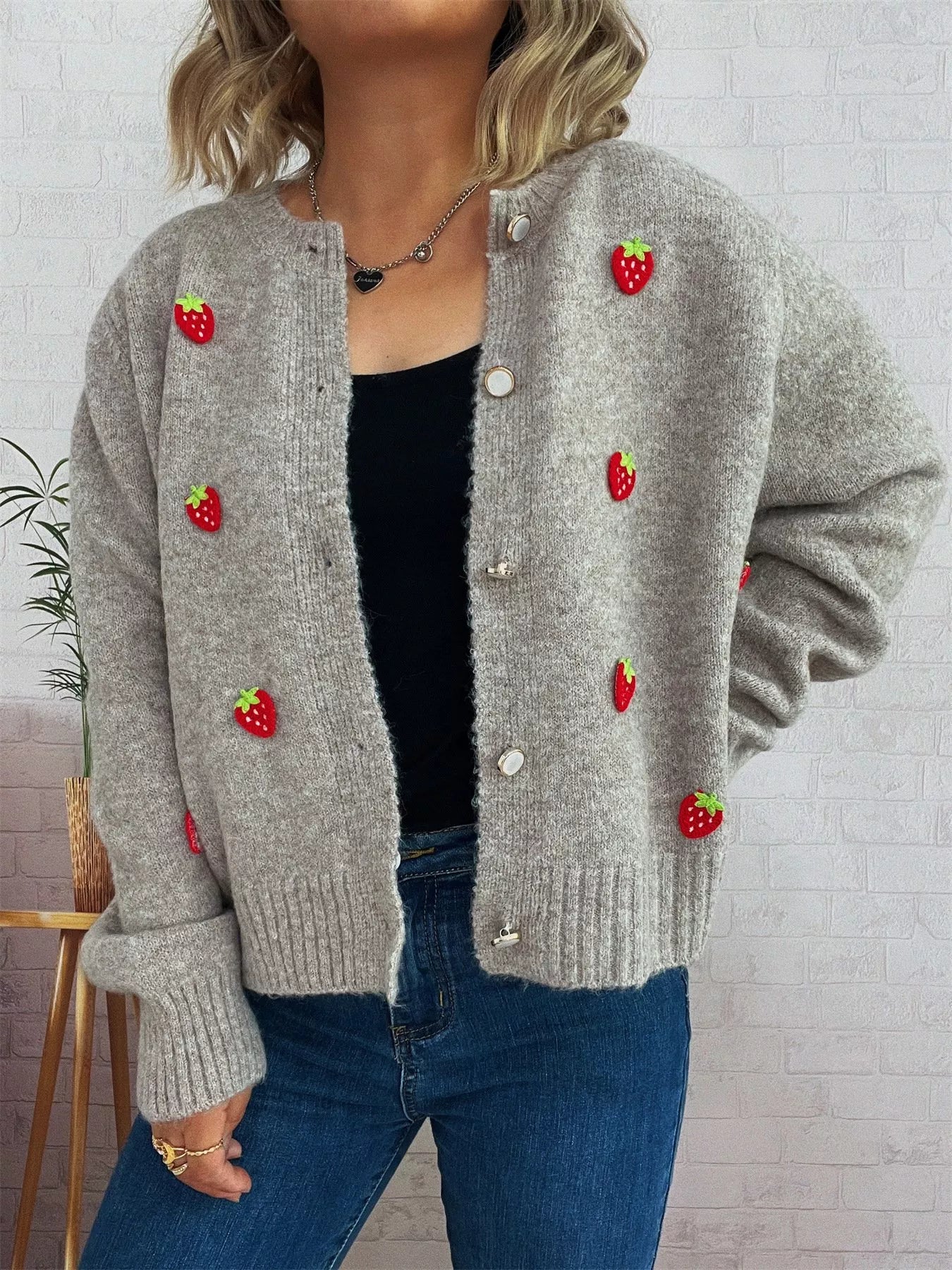 Strawberry Button Up Long Sleeve Cardigan Trendsi